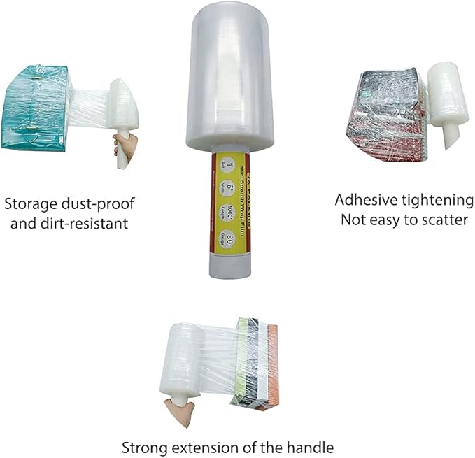 JA PACKING Stretch Wrap Clear Plastic Wrap Roll 6 inch X 1000Ft 80 Guage Industrial Mini Stretch Wrap Film with Handle for Moving,Shipping,Packing Fuiniture Adhering Shrink Film