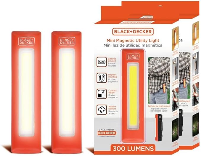 BLACK+DECKER LED Work Light 2-Pack, 300 Lumens AA Battery-Powered Utility Light, 3 Brightness Levels & SOS Mode, 2 Magnet Mounts, Pocket Clip, Lightweight & Portable, Weather Resistant, 10 Hour Power
