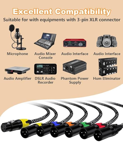 6 Pack XLR Cables 25ft Mic Braided Balanced Shielded XLR Microphone Cable Male to Female 3-Pin Colorful Connector for Microphones Recording, Audio Mixer, Amplifier，Speaker,Camcorder