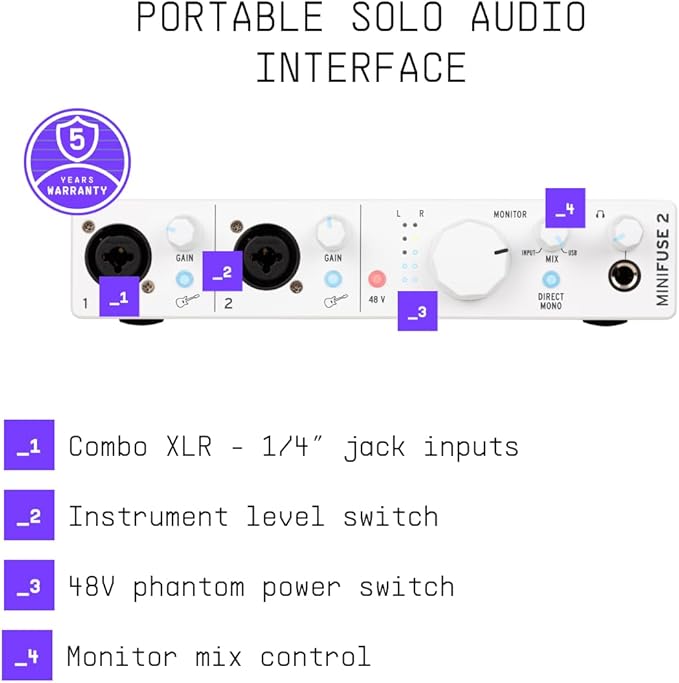 Arturia - MiniFuse 2 - Compact USB Audio & MIDI Interface with Creative Software for Recording, Production, Podcasting, Guitar - White