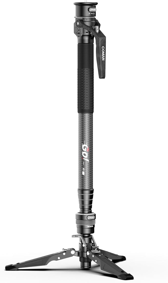 COMAN One-Click Lifting Carbon Fiber Monopod, M1 Pro Camera Monopod with Feet, 65'' Lightweight Travel Tripod with Quick Release Foot Lock for Camera, DSLR, Camcorder, Max Load 44lbs / 20kg (M1Pro)