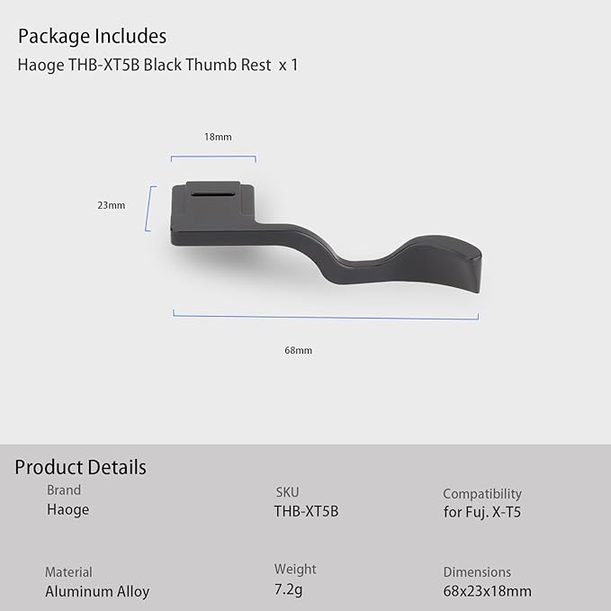 Haoge Thumb Up Rest Hand Grip for Fujifilm XT5 (Black for Fuji X-T5)