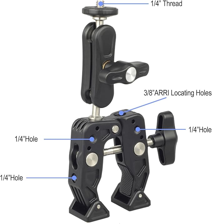 Camera Super Clamp Mount,with Magic Arm Action Camera Mount with 1/4" & 3/8" Screw Thread for Camera Cage/Lights/Monitor/Shelves/Rods/Cross Bars-A016