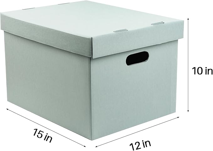 Lineco Archival Record Storage Cartons, Ready-To-Assemble Filing Boxes for Organizing and Storing Documents, Prints, or Photos. Acid-Free, Buffered Corrugated Board, 12x15 x10in, Blue Gray, Pack of 5