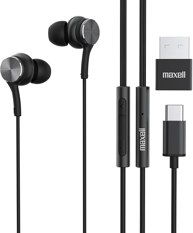 Maxell USB-C Wired Earbuds with USB-A Adapter, Built-in Microphone with Volume and Track Control, Compatible with All Devices with a USB-C and/or USB-A Port, Immersive Digital Chipset, Black, 197299
