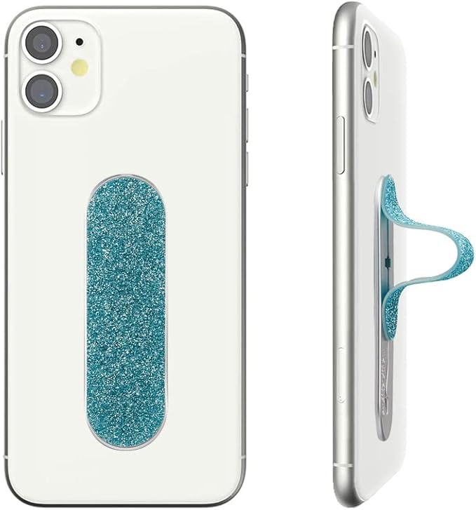 Momostick Flatstick, Cell Phone Finger Grip Strap Holder for Hand, Cell Phone Stand, New Slim Finger Loop Selfie Grip Compatible with Most Smartphones - Glitter Sky Blue
