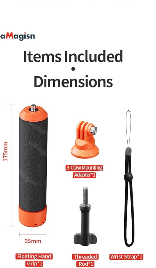 Floating Hand Grip for Insta360/DJI/GoPro Action Cameras with Adjustable Wrist Strap, 3-Claw & 1/4" Screw Mounts, Bright Orange Float