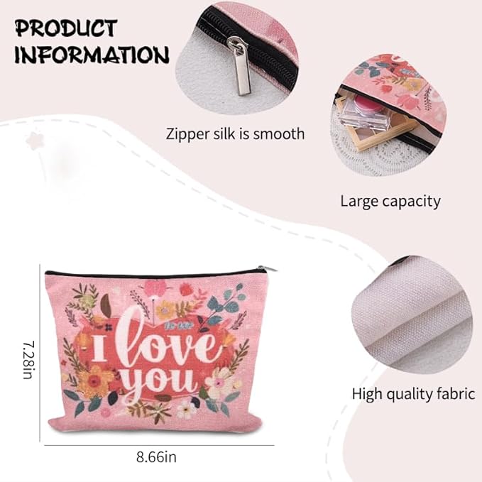 I Love You Gfts for Women Makeup Bag Valentines Day Canvas Cosmetic Bag Anniversary Toiletry Bags for Her Flower Travel Make Up Bag Pouch Birthday Gifts for Wife Girlfriend Fiancee Gf Graduation Gifts