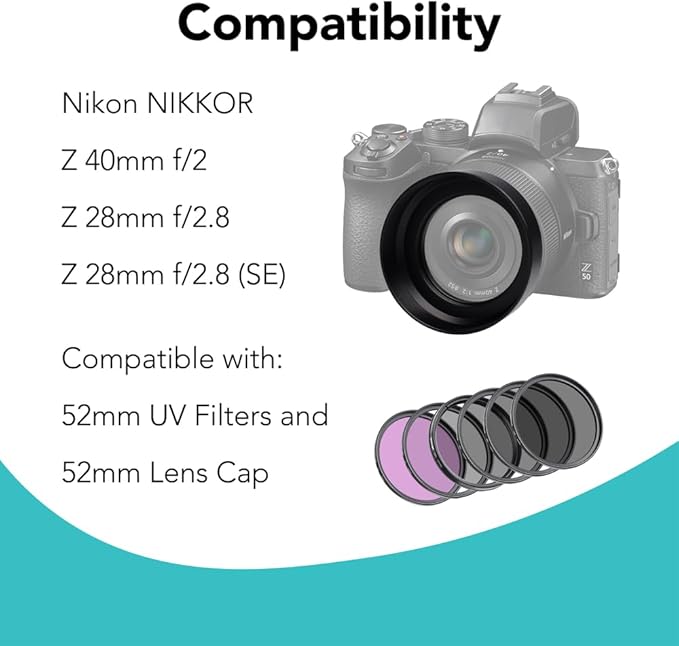 Foto&Tech Metal Lens Hood for Nkon NKKOR Z 40mm f/2, Z 28mm f/2.8, Z 28mm f/2.8 (SE) Lens,Screw Hood, Compatible with 52mm UV Filters and 52mm Lens Cap