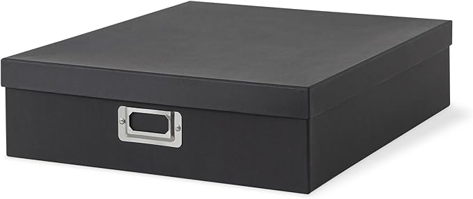 Soul & Lane Photo Storage Box with Lid, 14.8 × 13.0 × 3.7 Inches, Keepsake Memory Organizer, Cardboard Storage for Photo Albums, Scrapbooks, Artwork, Stationary, Memorabilia, Craft Supply, Black