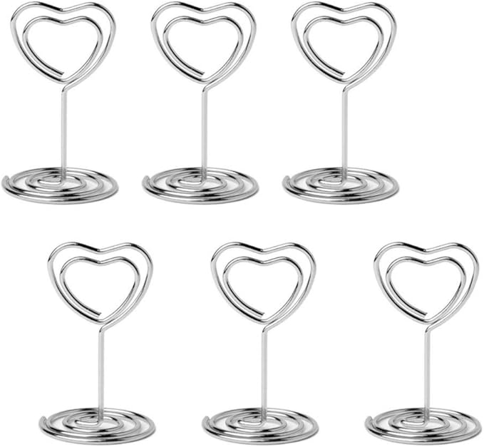 Jofefe 20pcs Mini Place Card Holder, Table Number Holders, Table Card Holders, Table Number Stands, Wire Table Picture Photo Holder Menu Clips for Wedding Favors with Heart Shaped (Silver)