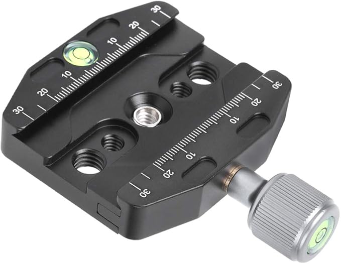 70mm Aluminium Alloy Quick Release Plate Clamp, QR Plate Clamp with 1/4in 3/8in Screw Holes, Built in Gradienter for Arca Standard Tripod, Durable Metal Locking Knob for Camera Pho