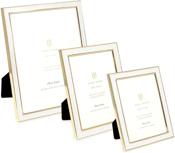 Isaac Jacobs 4x6 White Leather with Gold Metal (Vertical & Horizontal) Picture Frame, Suede Border w/Black Fabric Easel, Wall-Mountable, Made For Tabletop, Photo Gallery (4x6, White W/Gold)