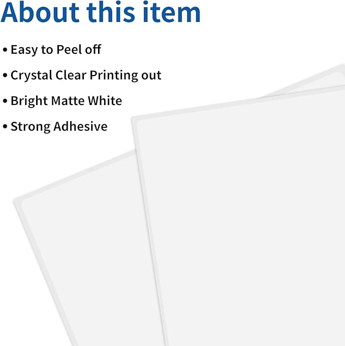 Full Sheet Labels 8.5” x 11” Sticker Paper Matte White, Large Shipping Label Paper for Inkjet Laser Printer, 250 Counts