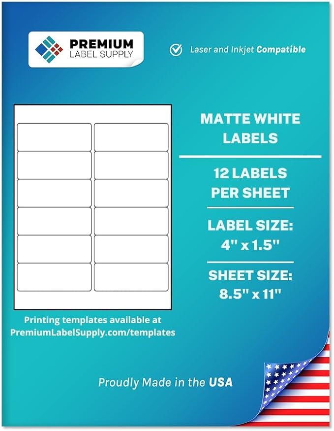 Premium Label Supply White Sticker Address Labels – 4" x 1.5" – Laser/Inkjet Compatible – (12 per Sheet), 100 Sheets – 1,200 Total Adhesive Labels