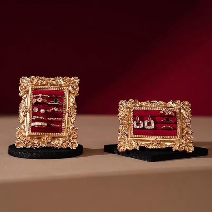 Vintage Gold Ring Holder 3.94x3.54 In,Suede Lined Jewelry Display Stand, Engagement Ring holder Photography Prop, Ornate Ring Holder for Wedding Decor, Bridesmaid & Engagement Gift (wine red)