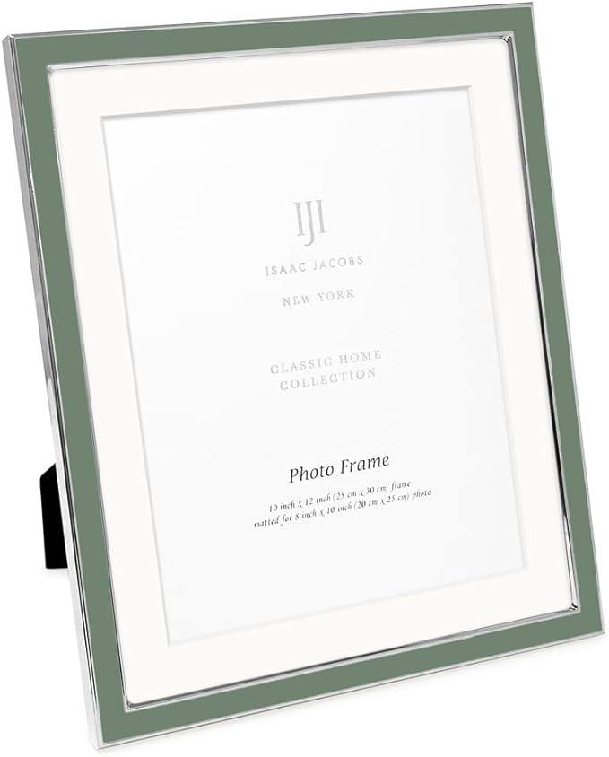 Isaac Jacobs 10x12 (Matted 8x10) Rosemary Green Enamel Picture Frame with Silver Metal Edge and Easel, Tabletop Display, Wall Décor, Photo Gallery, (10x12 (Matted 8x10), Rosemary Green with Silver)