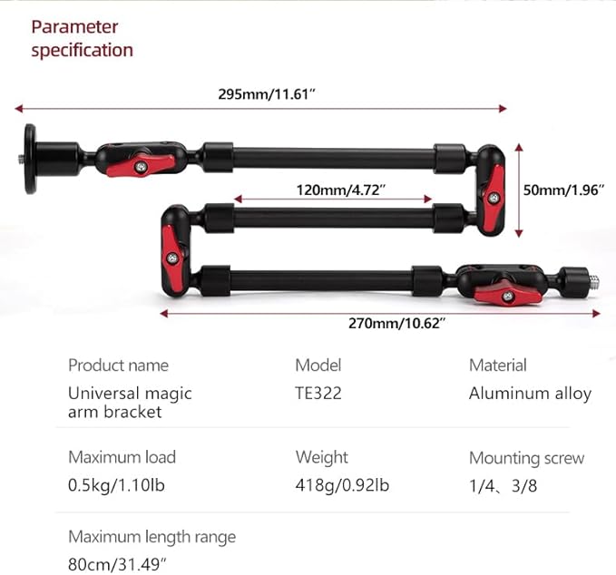 REFLEX CAMERA Metal Articulating 32" Magic Arm with Super Clamp Overhead Camera Mount – 1kg Load Capacity, Boom Arm with 1/4", 3/8" Screws Mounts - Photography, Videography & Streaming - Adjustable