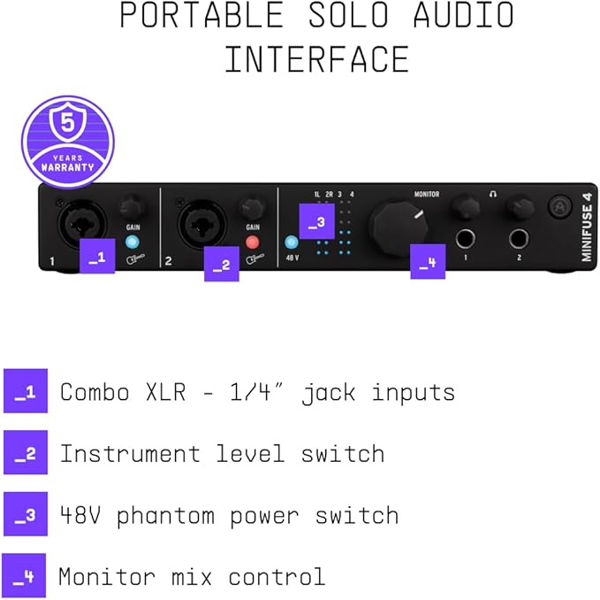 Arturia - MiniFuse 4 - Compact USB Audio & MIDI Interface with Creative Software for Recording, Production, Podcasting, Guitar - Black