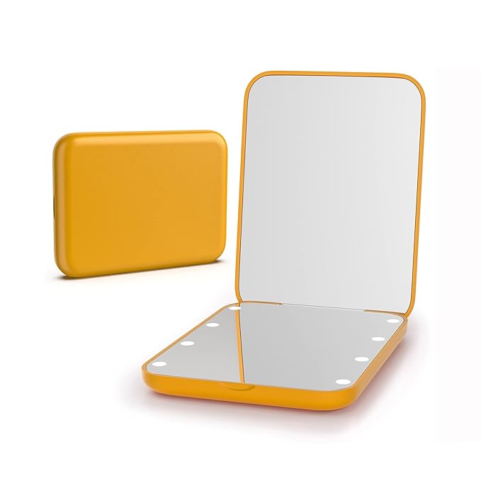 Kintion Pocket Mirror, 1X/3X Magnification LED Compact Travel Makeup Mirror with Light for Purse, 2-Sided, Portable, Folding, Handheld, Small Lighted Mirror for Gift, Yellow