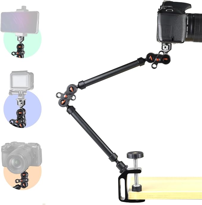 21"/53cm Adjustable Magic Arm with Super Clamp, Overhead Phone Mount, Heavy Duty Desk Camera Mount & Clamp,Flexible Joints Articulating Friction Arm for Light, Webcam, Mic, Action Camera