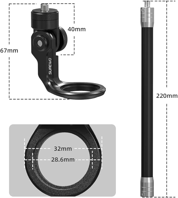 SUREWO Aluminum Motorcycle Bike Handlebar Mount for Insta360 X5,Bike Handlebar Selfie Stick Mount with Adjustable Aluminium Alloy Rod for Insta360 X5 X4 X3 X2 X,DJI Action 5Pro/4/3,GoPro