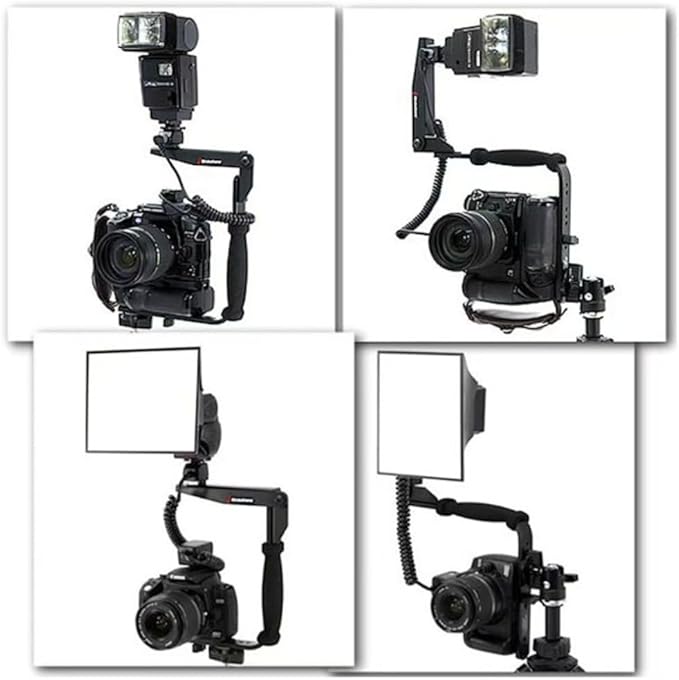 L-Shaped Handheld Camera Flashlight Bracket, Hot Shoe Camera Cage Rig, with 1/4 Tripod Screw Handheld Stabilizer, Adjustable Arm & Roll Bar for Sony for Nikon for Canon for Fujifilm DSLR Cameras