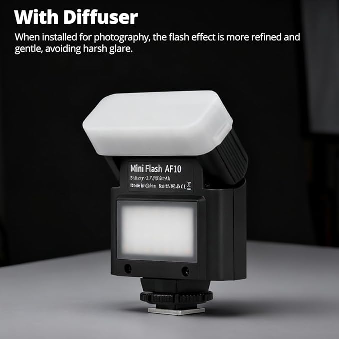 Ambitful AF10 Mini Camera Flash, Rechargeable Manual Speedlite with 90° Tilt Head, LED Continuous Light, USB-C Charging, Single-Contact Hot Shoe Flash for Sony Canon Nikon Fuji Ricoh Cameras