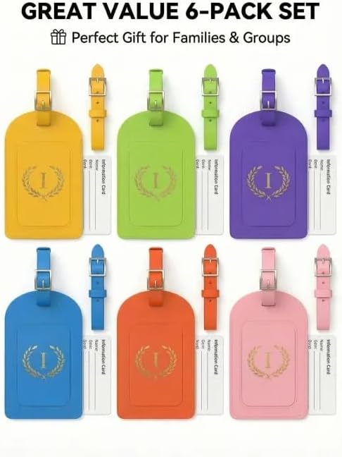 Luggage Tags for Suitcases 6 Pack PU Leather Travel Bag Tags with Privacy Cover & Stainless Steel Buckle, Vegan Leather Name ID Labels for Travel Bags, Cruise, Airline, Backpack, Baggage Identifier(I)