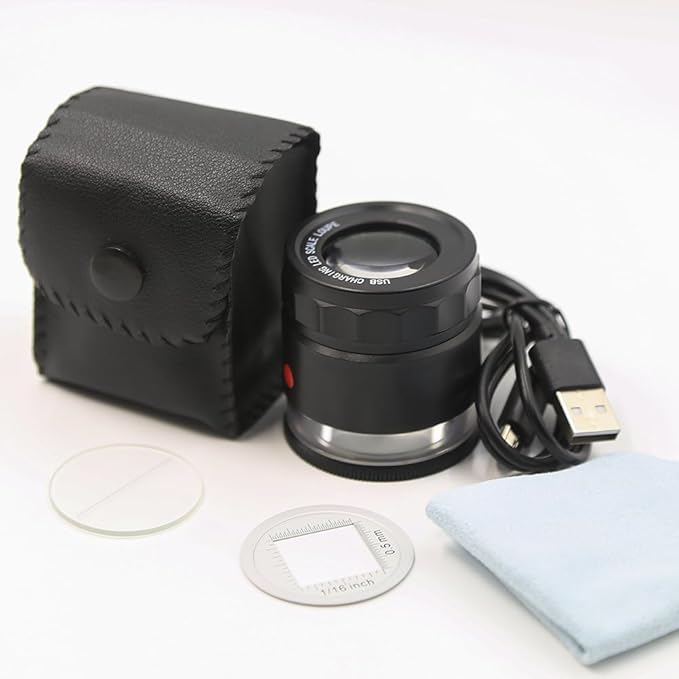10x Loupe Magnifier Rechargeable Jewelers Loupe with UV and LED Lights, Illuminated Eye Loop Adjustable Focus Jewelry Magnifying Glass with Detachable Reticle Scale for Gemstones Identification
