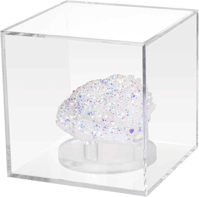 3 Pegs Round Display Easel Stands with Transparent Acrylic Box, Multiple Decoration Storage Case, Small Items Stands for Displaying Collectible Stone Rock Mineral Geodes (Medium-4x4x4in, 1Pcs)