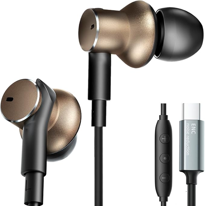 Type C Wired Earbuds with Noise-Canceling Microphone,Immersive Stereo Bass USB C In Ear Headphones Dynamic and Balanced Armature Subwoofer Noise Reduction Wired Earphones,Volume control,HD Audio