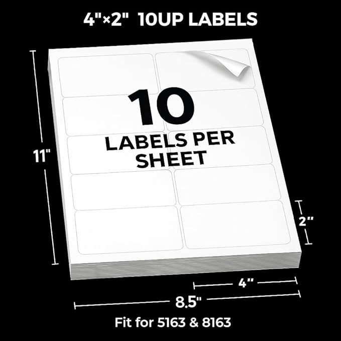 Mailing Labels for Laser/Inkjet Printer, Address Labels Stickers - 100 Sheets 2''x4'' 10 up Printable Sticker Paper, 1000 Address Label for Envelopes