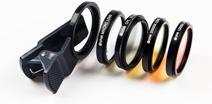 Orphek Coral Lens – Kit for All Smartphones – 4 Lens Included: Macro, CPL 37mm Polarized, 15,000k Orange, 20,000k Yellow – Universal Phone Clip – Lens Made of Glass – for Better Photography