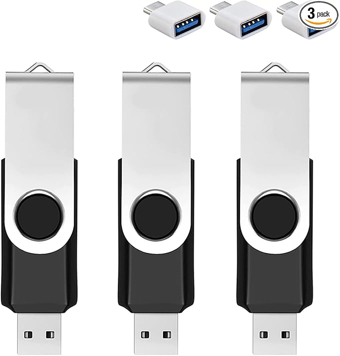 3 Pack 64GB USB Flash Drive with Type C Adapter and Storage Box USB 2.0 High Speed Metal Pen Drive 360° Rotatable Storage Memory Stick for Phone/Pad/PC/Laptop/Android - Black(3-Pack 64GB)