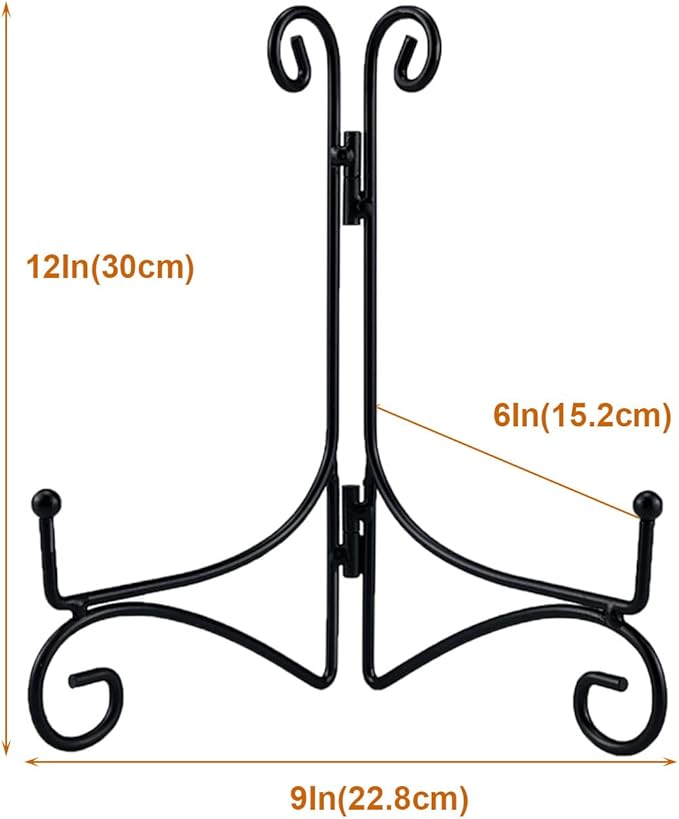 Plate Stand, 12 Inch Plate Holder for Display, Tabletop Black Iron Easel for Photo, Picture Frame, Artwork, Album Card and Decorative Plates (Black Color, 2-Pack)