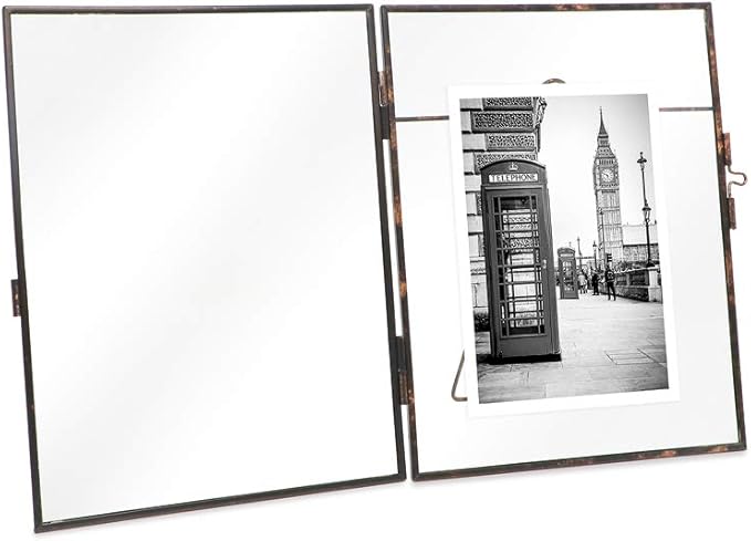 Isaac Jacobs 6x8, Antique Bronze, Vintage Style Brass and Glass, Metal Floating Picture Frame (Vertical) with Locket Closure, for Photos, Art, & More, Tabletop Display (6x8 Antique Bronze)