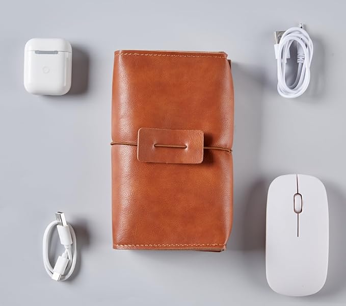 Vintage leather Electronic organizer travel case,cord keeper travel pounch, charger shortage for essentials mouse, adapter, cables,Cable Straps,Earbud case,wrap (Brown leather with band & Organizer)