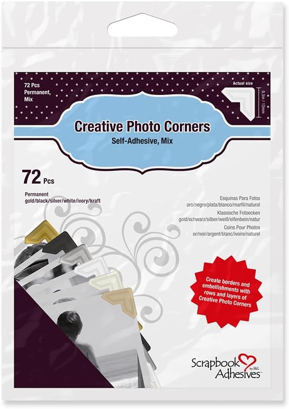 3L Scrapbook Adhesives Self-Adhesive Creative Paper Photo Corners, Variety, 72-Pack