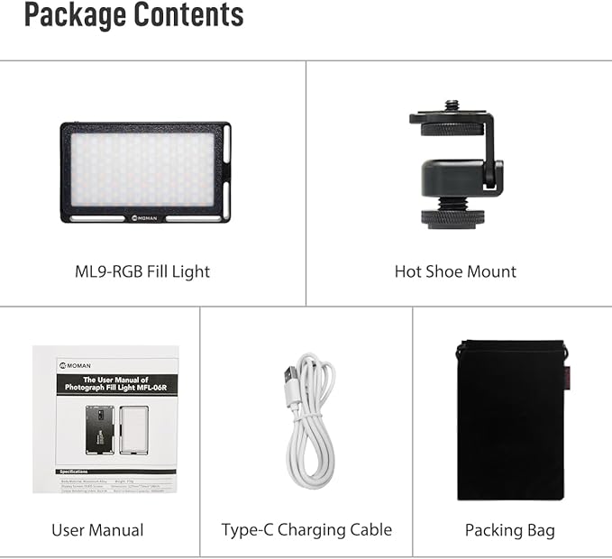 Moman Portable LED Video Light, Aluminum Alloy On-Camera Light, Built-in Battery & USB-C Charging, 2500K-8500K RGB Dimmable, CRI 96+ Photography Fill Light with 1/4" Screw for DSLR, Vlog, YouTube