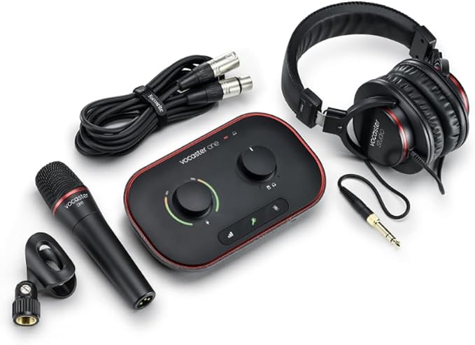 Focusrite Vocaster One Studio – Podcasting Interface for Solo Podcast Recording with Professional Quality Vocaster DM1 Dynamic Microphone & HP60v Headphones. 1 Mic Input & Headphone Output