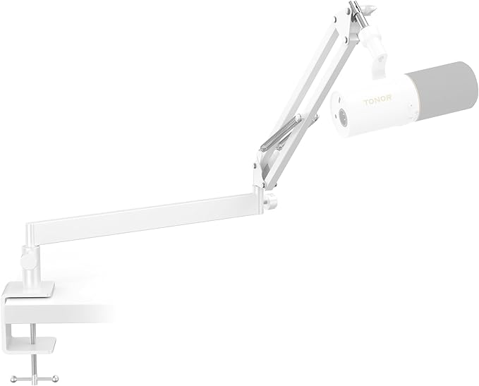 Tonor Mic Arm Desk Mount, Low Profile Boom Arm, Microphone Arm, Adjustable Mic Stand with Desk Mount Clamp, Cable Management, 3/8’’ and 5/8’’ Screwadapter for Most Microphone, White, T20LP