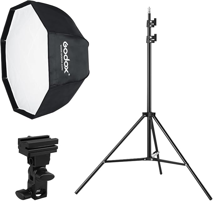 Godox Photo Studio 80cm 31.5in Portable Octagon Umbrella Softbox,190cm Light Stand with Hot Shoe Holder Bracket kit for Flash Speelidte