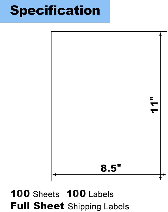 100 Sheets Full Sheet Labels with Back Slit 8.5"x11", Blank White Sticker Paper for Laser & Inkjet Printers, Risepekt Strong Adesive Full Page Mailing Labels, Whole Page Labels