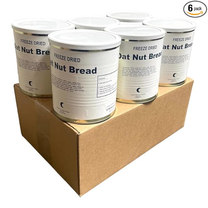 Military Surplus Freeze Dried Oat Nut Bread – 12 Slices per Can #10 Can – 25+ Year Shelf Life – Emergency Food Supply – Ready to Eat – Survival, Hunting, Camping, Backpacking – Long Term Storage – Pack of 6