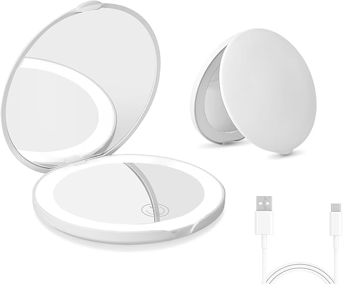 Compact Mirror with Light, Dimmable Pocket Mirror, Rechargeable Mini Mirror for Purse, Pocket, Travel and Present, Folding, Handheld, 2-Sided, Round