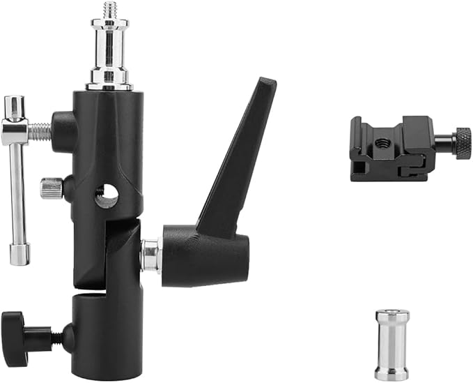 TENBEST Camera Flash Bracket with Cold Shoe Mount, Solid Metal Material, Adjustable Speedlite Swivel Light Stand Bracket with Umbrella Holder,1/4 to 3/8 Adapter Screw for Flashes Studio LED Lights
