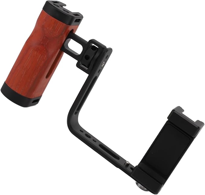 Phone Camera Rig Hand Grip, Wooden Handle with Adjustable L Plate, Cold Shoe Mounts, for, for iOS Smartphones