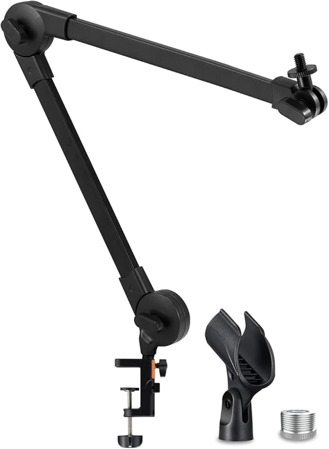 Microphone Boom Arm Mic Stand, Adjustable Suspension Boom Scissor Arm Stand with Mic Clip Holder and Heavy Duty Clamp for Streaming Podcast Recording Studio