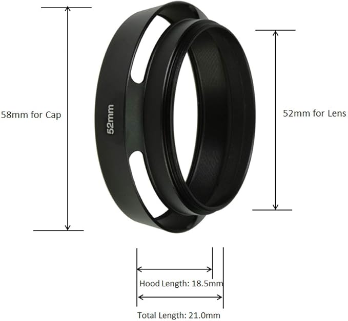 SIOTI 52mm Lens Hood, Oxidation Matte Anti Reflective Treatment, Aluminum Alloy, with 1 * 58mm Lens Cap, Compatible with Sony/Canon/Nikon/Fuji etc >40mm Camera Lens
